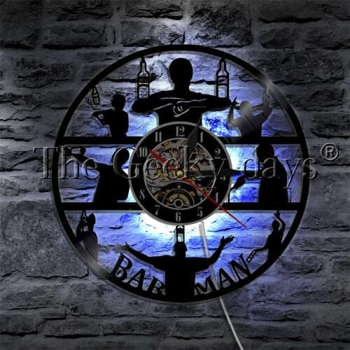 Barman Beer Bottles Acrobatics Show LED Wall Light Vinyl Record Wall Clock Tavern Bartender Drink Wall Watch Modern Lamp