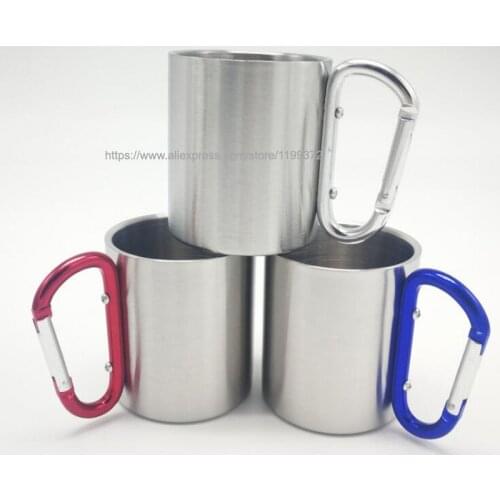 Best 100 pcs/lot Stainless Steel Coffee Mug Camp Camping Cup Carabiner Hook Double Wall 220ml #1764