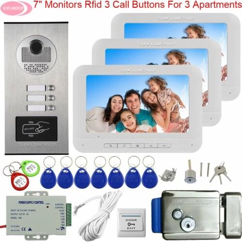 For 3 Apartments 7" 3 Monitors Video Door Phone Intercom Doorbell With Camera And Screen Access Control With Electric Door Lock