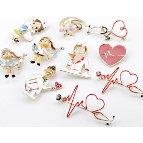 Enamel Medical Brooch Pins Doctor Nurse Stethoscope Syringe Heartbeat Shape Brooches Denim Scarf Lapel Pin Button Badges Gift
