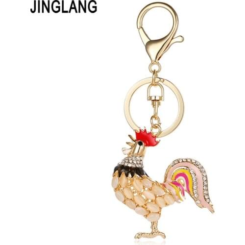 JINGLANG Fashion Metal Keyring Dangle 3D Crystal Enamel Cock Animal Charms Keychains For Women Handbag Pendant Jewelry