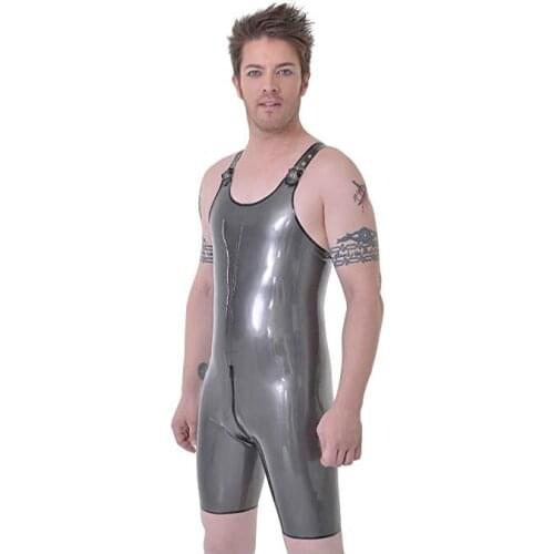 Handmade Sexy Silver Men Latex Catsuit Tights Adjustable Shoulder Straps with Crotch Zipper