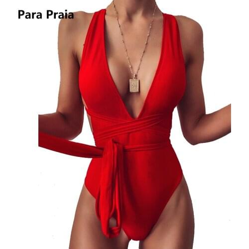 Para Praia Deep V Bandage One Piece Swimsuit Monikini Halter Tie Backless Beachwear Swimwear for Women Sexy Bathing Suit