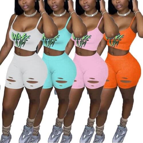 Echoine Summer Women Wake Up Letter Print Sport Tank Top Hole Shorts Suit Two Piece Set Fashion Sexy Tracksuit Matching Outfits