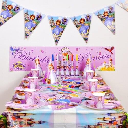 Cartoon Sofia Princess Disposable Paper Cup Plates Napkins Banner Tablecloth Baby Shower Birthday Party Decoration Supplies