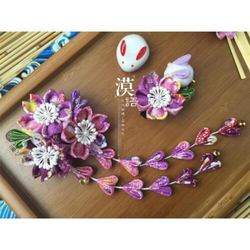 Hand made hairpin set cotton cloth hair clip barrettes Japanese kimono cosplay accessories sakura bunny purple B