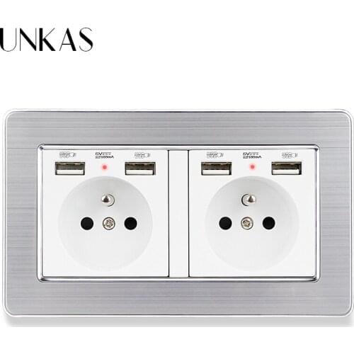 UNKAS 2 Gang French Standard Wall Socket Stainless Steel Panel With 4 USB Charge Port Hidden Soft LED Indicator 146MM * 86MM
