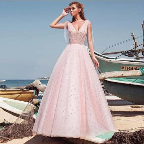 Stunning Tulle V-neck Neckline A-line Wedding Dresses With Imitation Pearls Pink Bridal Dress vestidos de novia vintage
