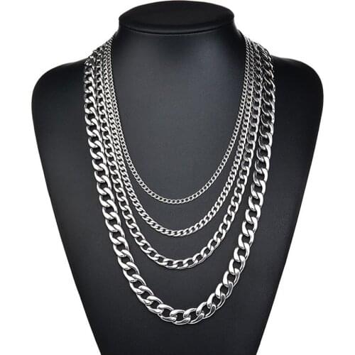 Gold Silver Plated Stainless Stee Flat Chain Long Necklace Men Cuban Link Necklace 4/6/8/10mm Wide Unisex Rock Jewelry
