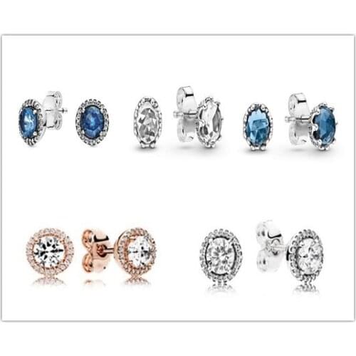 925 Sterling Silver Pan Earring Blue Sparkling Crown Stud Earrings With Crystal For Women Wedding Jewelry