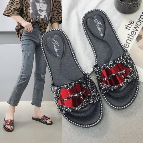 Summer Black Shoes For Women 2021 New Fashion Flat Woman Slippers Casual Rhinestone Sandals 37-42 Large Size Slippers Pantuflas