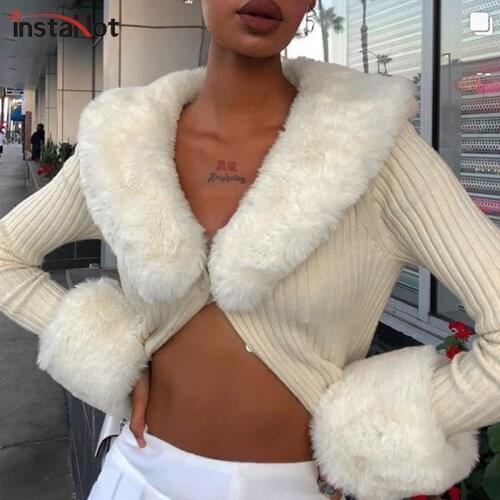 InstaHot Knitted Cardigans Fluffy Sleeve Button Sweater Winter Elegant Vintage Casual Slim Turn Down Collar Solid Jacket 2020