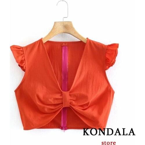 KONDALA Za Chic Red Cropped Tops Women V Neck Streetwear Sexy Summer Short Blouse Female Fashion 2021 Short Sleeve Elegant Tops