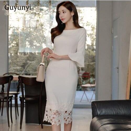 Elegant Office Lady Dress 2021 Autumn White High Waist Tight Dress 3/4 Flared Sleeves Temperament Lace Hem Party Dress Women