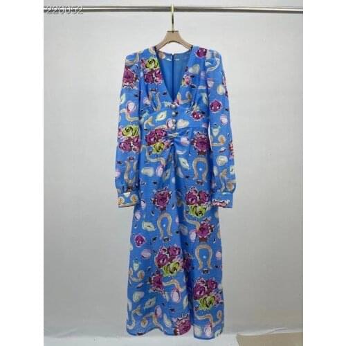 New 2021 Women Summer High Fashion Runway A-Line Dress Long Sleeve Pearl Buttons Flowers Print Ladies Long Top Dress