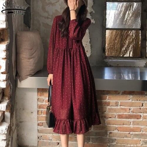 2021 Spring Elegant Polka Dots Print Women Chiffon Dress Vintage Loose Long Party Dress Lace-up A-line Vestidos Femme 10860