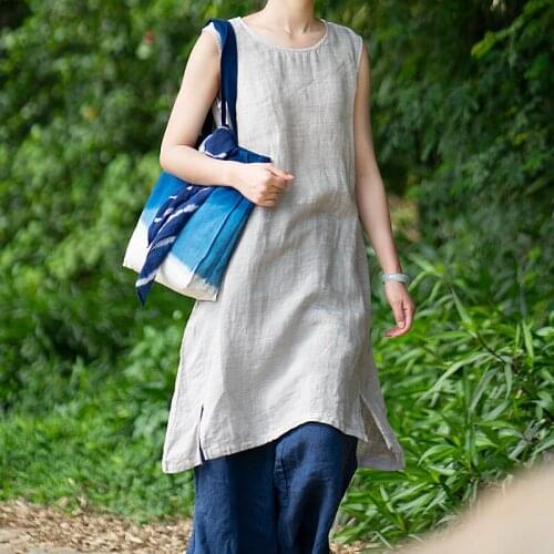 New yarn dyed linen for spring and summer wear round neck medium length vest solid color sleeveless slim top female T-shirt A18