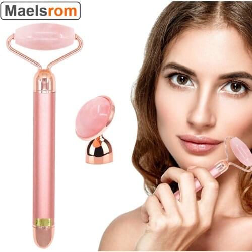 2-IN-1 Electric Jade Roller Massager Nature Rose Quartz Beauty Bar 3D Face Roller Kit Facial Eye Massager forFace Lift Vibration