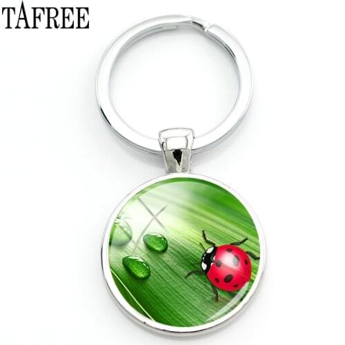 TAFREE Green Plant And Red Ladybug Keyholders Spring Natural Flowers Insect Round Boyfriend Gift Jewelry Keyrings NT125