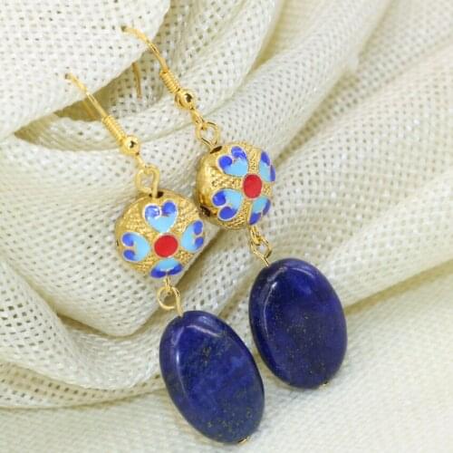 High Quality Blue Lapis Lazuli Long Drop Dangle Earrings Gold-color Hollow Cloisonne Elegant Women New Fashion Jewelry B2640