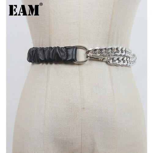 [EAM] Pu Leather Metal Chain Spliced Wide Belt Personality Women New Fashion Tide All-match Spring Autumn 2021 1DE1186