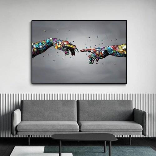 Banksy Graffiti Art Hand of God Creation of Adam Canvas Painting Print on Canavs Wall Art Pictures for Living Room Decor