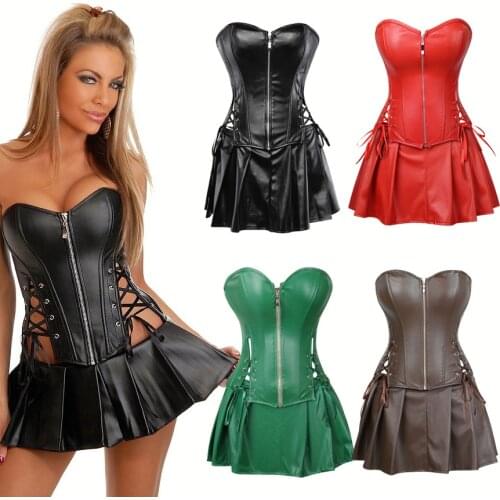 Plus Size Leather Corset Dress Zipper Corset Sexy Bustier Overbust Lace Up Corselet Gothic Steampunk Bustier Top Women Burlesque