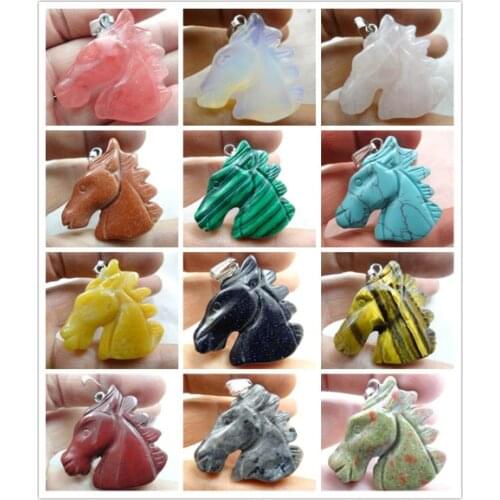 Natural stone Turquoises Quartz crystal tiger eye Opal Horsehead pendant for diy jewelry Making necklace Accessories 1Pcs