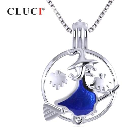 CLUCI Silver 925 Necklace Pendant for Women Halloween Round Flying Witch Shaped 925 Sterling Silver Pendant Pearl Locket SC321SB