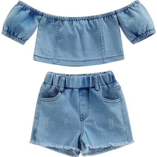 Fashion Toddler Summer Outfit Set Denim Solid Color Strapless Crop Tops + Elastic Waist Shorts Girls Sets 6 Months to 5 Years