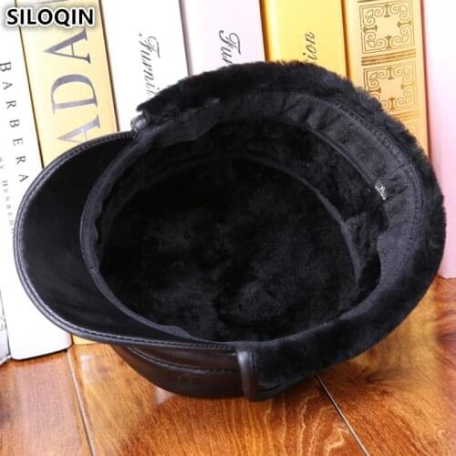 SILOQIN Sheepskin Leather Flat Caps For Men Winter Warm Thick Army Military Hats With Earmuffs New Mens Genuine Leather Ski Cap