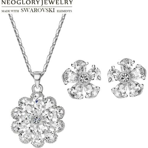 Neoglory Austria Rhinestone & Zircon Jewelry Set Brilliant Wedding Flower Shaped Necklace & Earrings Lady Romantic Women Holiday