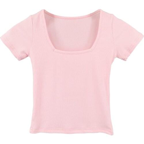 Summer new gentle light pink ~ sexy square neckline showing big breasts, tight-fitting short-sleeved T-shirt top women