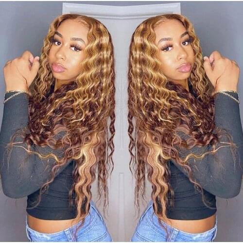 Highlight Wig Brown Colored Curly Human Hair Wig Honey Blonde Ombre Deep Wave Frontal Wig Highlight Lace Front Human Hair Wigs