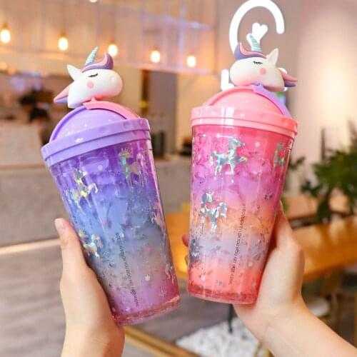 Unicorn Plastic Water Bottle With Straw Pink Blue Purple Large Capacity Korean Lovely Summer Ice Cream Cup For Drinking Bottles