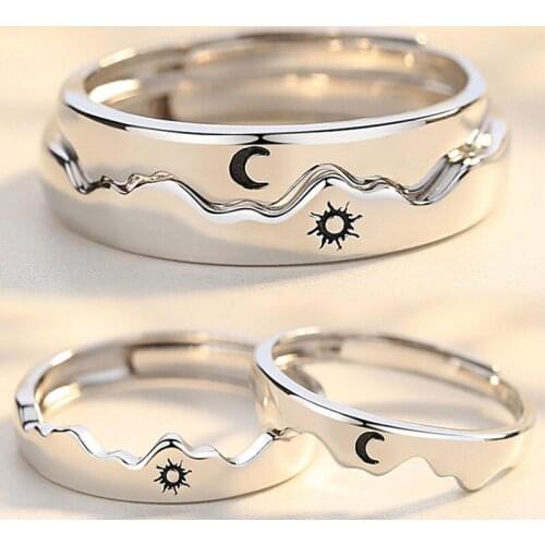 Sun Moon Silver Couple Rings Open Adjustable Ring Lover Rings Wedding Jewlery Friends Simple Ring Gift for Women Men