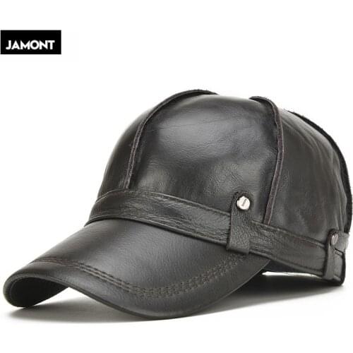 JAMONT Adult Genuine Leather Hat Mens Warm Genuine Leather Baseball Cap Male Winter Outdoor Ear Protection Cap Leather Hat