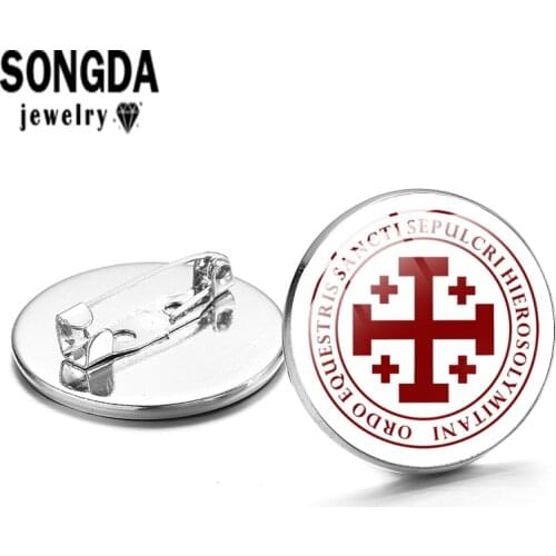 SONGDA Saint George Christian Crusader Red Cross Brooch Art Pattern Glass Cabochon Surface Metal Pins Button Badges Trinket Gift