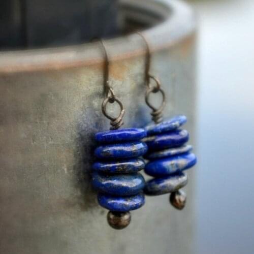 FYJS Unique 10 Pairs Antique Copper Irregular Shape Multi Layer Lapis Lazuli Dangle Earrings for Women Jewelry