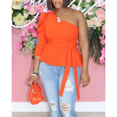 Women Solid Color One Shoulder Tied Ruffle Hem Blouse Slim Casual Top