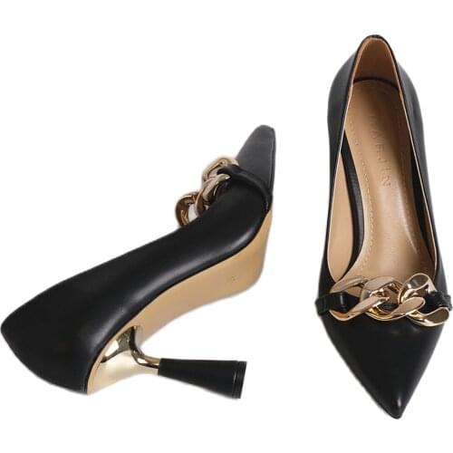 Womens High Heels Chain Gold Black Beige Shoes Sexy Comfortable Leather Pumps Stiletto zapatos de tacón Женские туфли talons hau