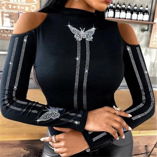 Women Sexy Skinny Corset Top Off Shoulder Butterfly Pattern Rhinestone T-shirts Studded Top Gothic Clothes Women Top
