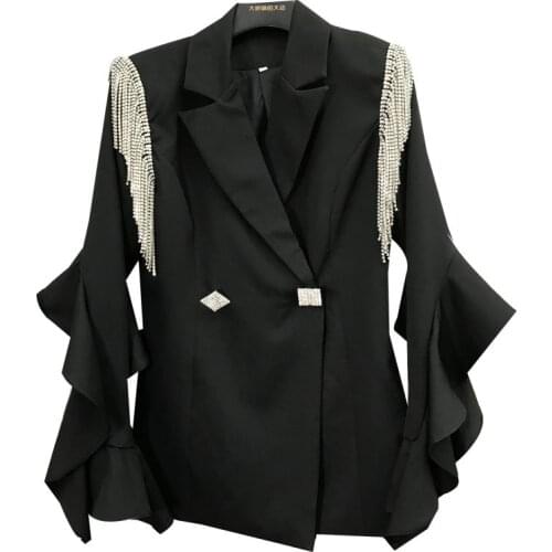 Spring Women Jacket Ruffle Sleeve Beading Blazer Loose Female Ladies Office Coat Fringe Rhinestone Suits Outwear Ropa De Mujer