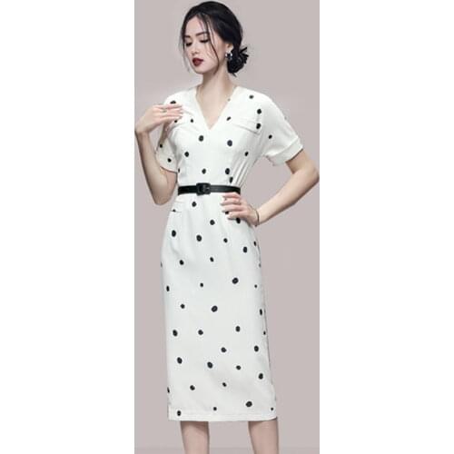 S-XL plus size summer korean temperament belt patchwork slim high waist bag hips Dot Print dress women office lady clothes
