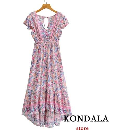 KONDALA Za Women Dress Vintage Fashion 2021 Floral Print V Neck Ruffles Mid Calf Dress Short Sleeve Bohemian Elegant Vestidos