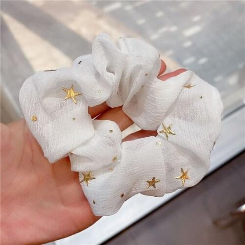 Geebro 2Pcs Sweet Printing Stars Dot Mesh Scrunchies Women Romantic Hair Rope Transparent Tulle Organza Hair Tie Hair Accessory