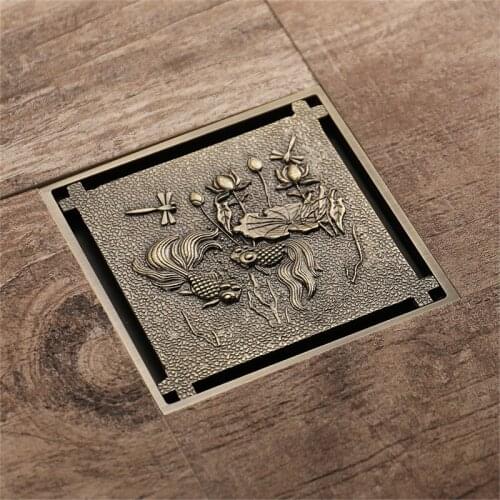 Antique carved floor drain bathroom all-copper anti-insect and deodorant classical green bronze goldfish pattern floor drain