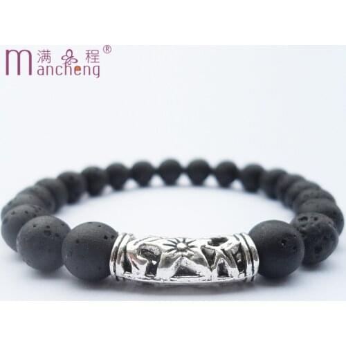 Punk Natural stone volcanic lava mala bracelet for women man 8MM Vintage silver Zinc alloy Hollow carved Floral bracelet jewelry