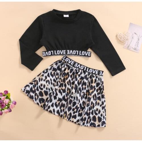 1-6Y Kids Girls Clothes Sets 2021 Autumn Children Letter Ribbon Long Sleeve T-shirt Crop Tops + Leopard A-line Skirt Baby Outfit