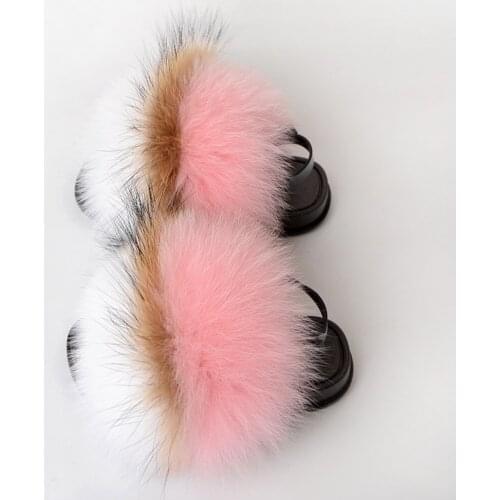 Kids Fox Fur Slippers Flat Non-Slip Solid Real Fox Furry Children Slides Shoes Fur Sandals